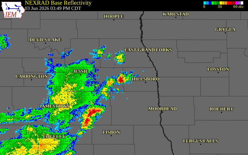 NEXRAD radar during the Wednesday, June 3, 2026 storm activity in Traill County, North Dakota