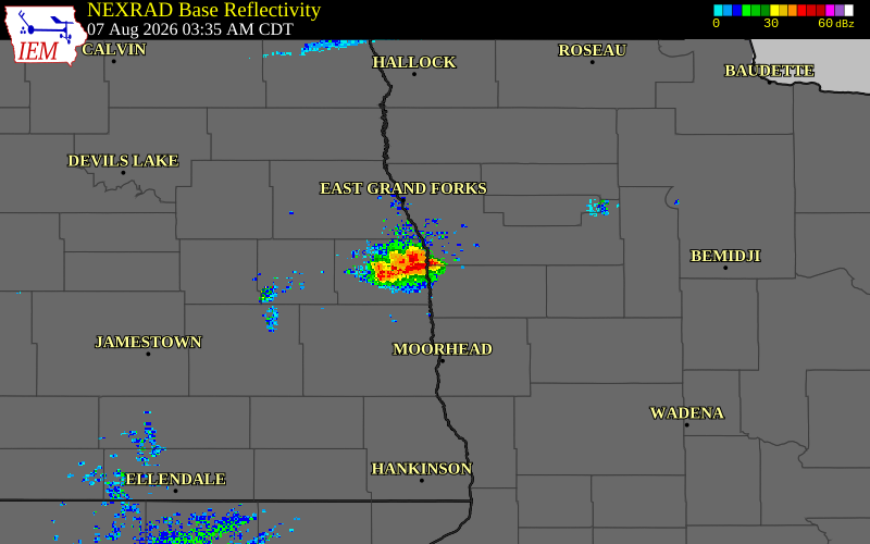 Radar snapshot during the Aug 7, 2026 hail event near Traill County, Traill County, North Dakota, with NWS warning polygons