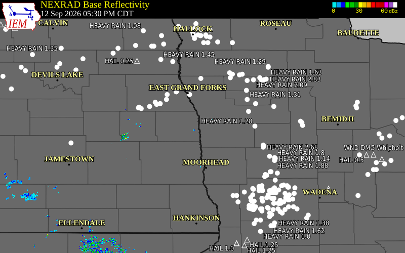 Current NEXRAD radar over Traill County, North Dakota with recent storm report locations
