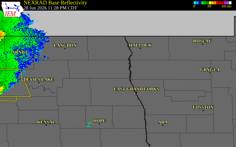NEXRAD radar during the Sunday, June 28, 2026 storm activity in Walsh County, North Dakota