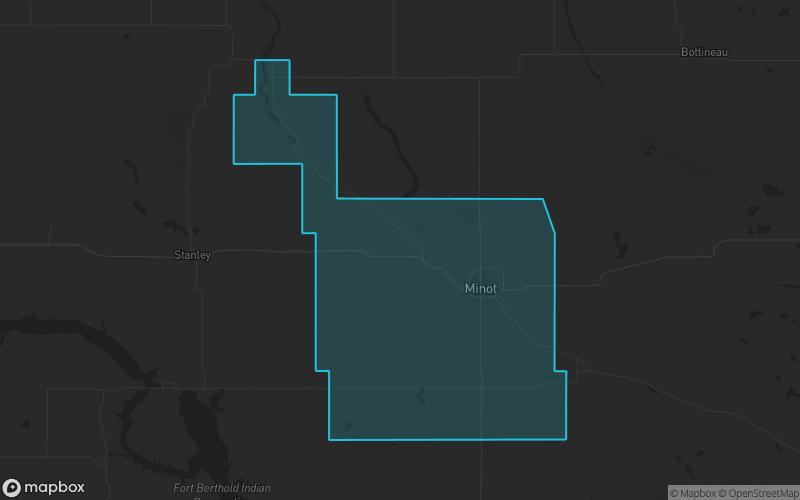 Map of Ward County, North Dakota showing the county boundary and surrounding cities