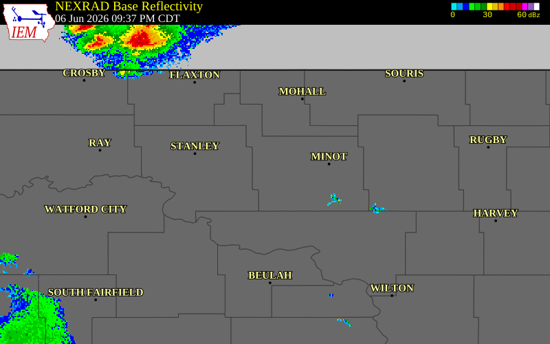 NEXRAD radar during the Saturday, June 6, 2026 storm activity in Ward County, North Dakota