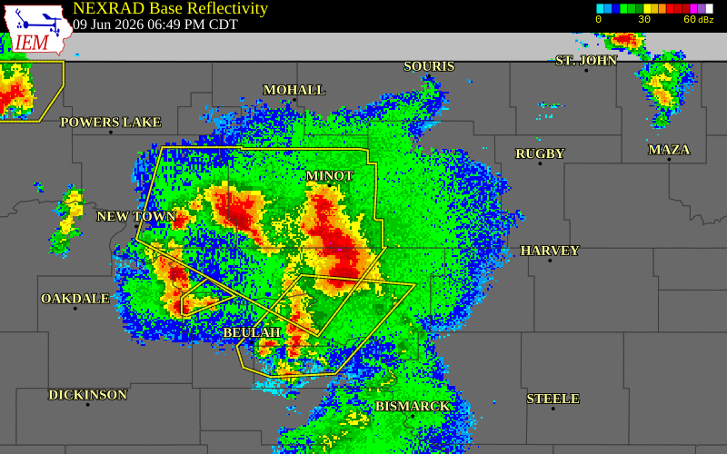 NEXRAD radar during the Tuesday, June 9, 2026 storm activity in Ward County, North Dakota