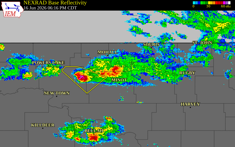 NEXRAD radar during the Tuesday, June 16, 2026 storm activity in Ward County, North Dakota