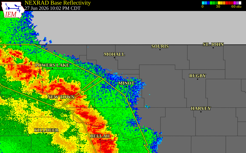 NEXRAD radar during the Saturday, June 27, 2026 storm activity in Ward County, North Dakota