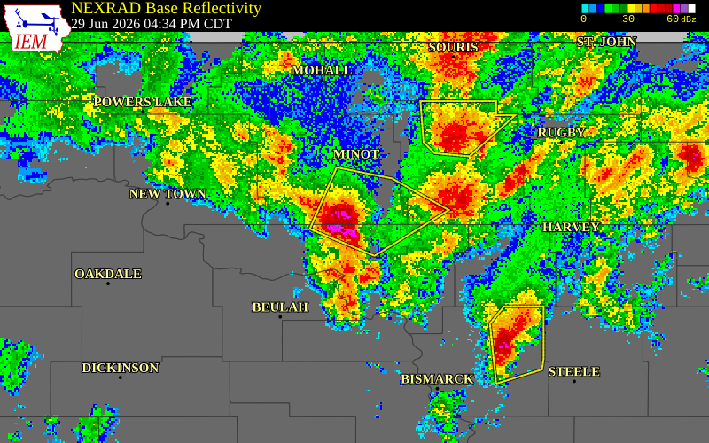 NEXRAD radar during the Monday, June 29, 2026 storm activity in Ward County, North Dakota