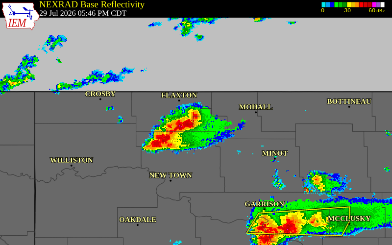 NEXRAD radar during the Wednesday, July 29, 2026 storm activity in Ward County, North Dakota