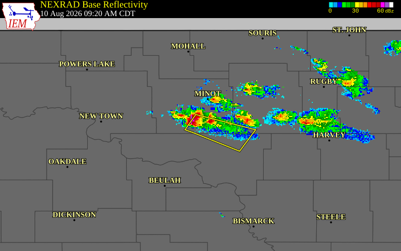 NEXRAD radar during the Monday, August 10, 2026 storm activity in Ward County, North Dakota