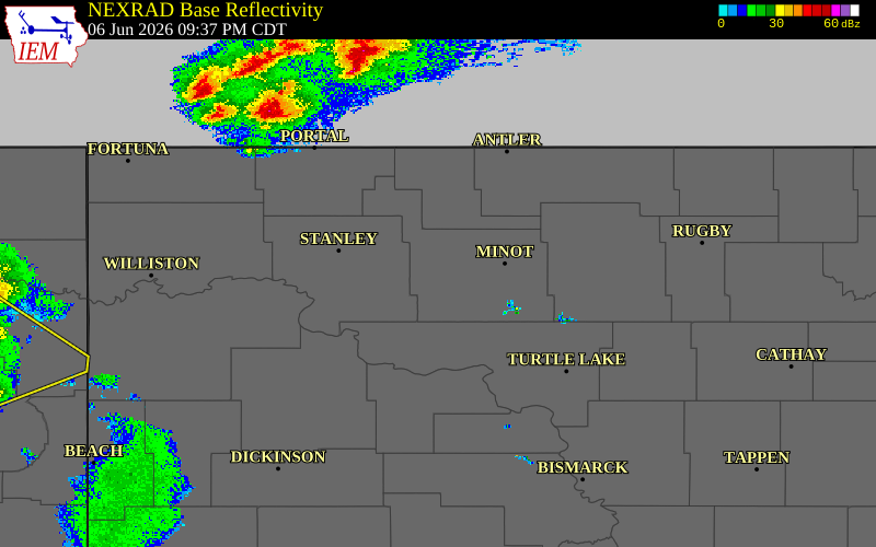 Radar snapshot during the Jun 6, 2026 tornado event near 10 S Berthold, Ward County, North Dakota, with NWS warning polygons
