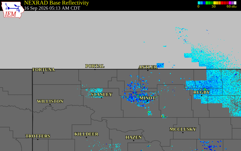 Current NEXRAD radar over Ward County, North Dakota with recent storm report locations