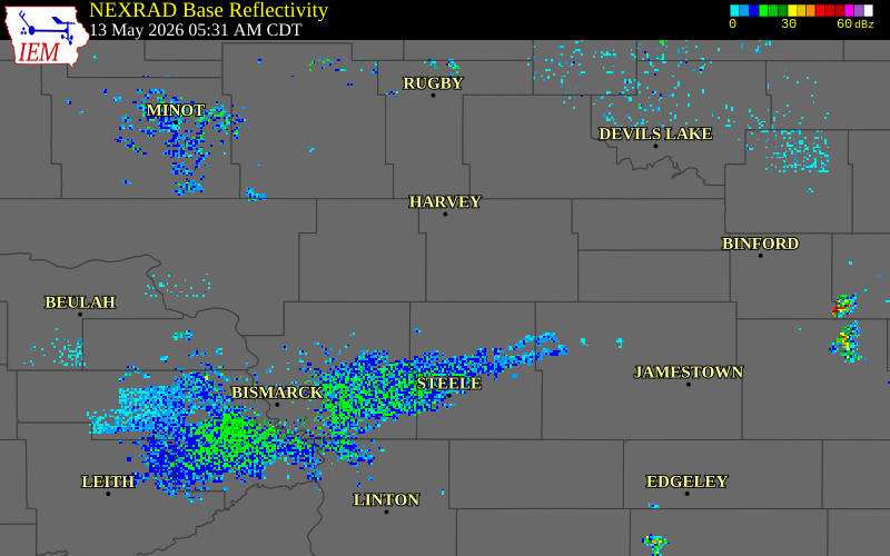 NEXRAD radar during the Wednesday, May 13, 2026 storm activity in Wells County, North Dakota