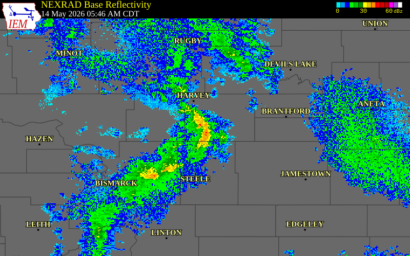NEXRAD radar during the Thursday, May 14, 2026 storm activity in Wells County, North Dakota