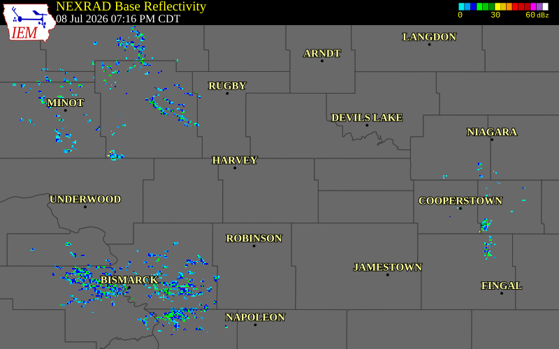 NEXRAD radar during the Wednesday, July 8, 2026 storm activity in Wells County, North Dakota