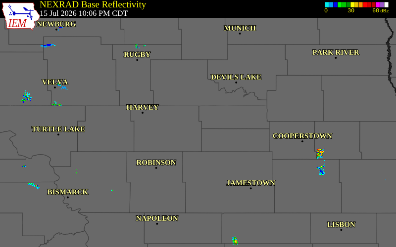 NEXRAD radar during the Wednesday, July 15, 2026 storm activity in Wells County, North Dakota