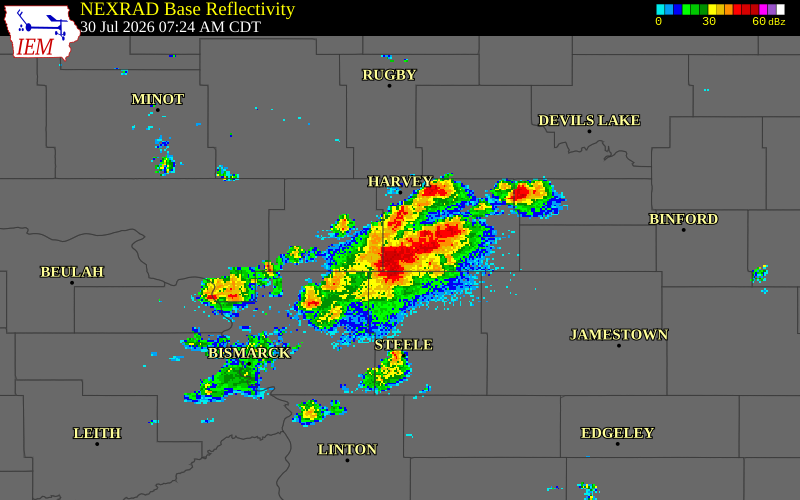 NEXRAD radar during the Thursday, July 30, 2026 storm activity in Wells County, North Dakota