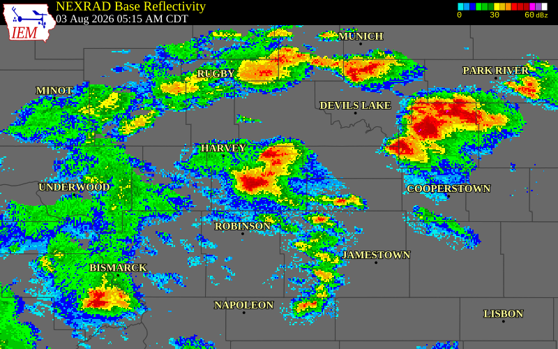 NEXRAD radar during the Monday, August 3, 2026 storm activity in Wells County, North Dakota