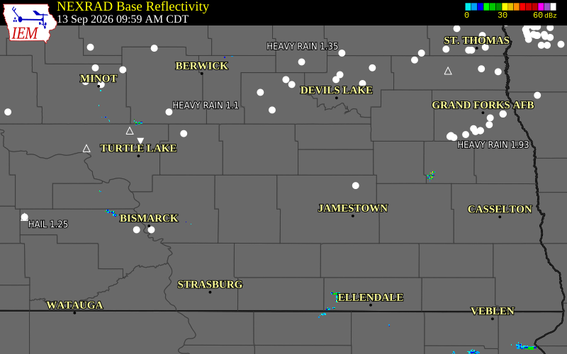 Current NEXRAD radar over Wells County, North Dakota with recent storm report locations
