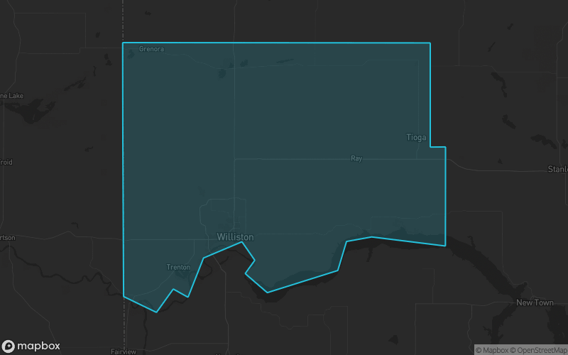 Map of Williams County, North Dakota showing the county boundary and surrounding cities