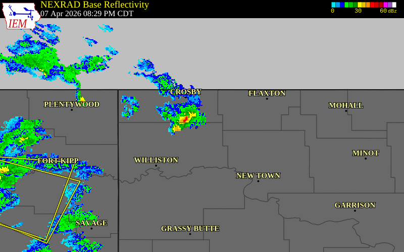 NEXRAD radar during the Tuesday, April 7, 2026 storm activity in Williams County, North Dakota
