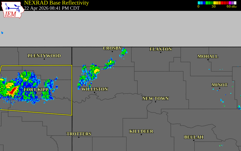 NEXRAD radar during the Wednesday, April 22, 2026 storm activity in Williams County, North Dakota