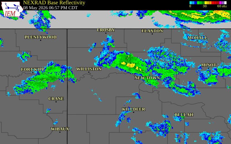 NEXRAD radar during the Friday, May 8, 2026 storm activity in Williams County, North Dakota