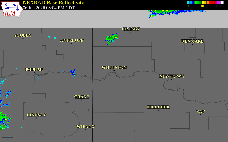 NEXRAD radar during the Saturday, June 6, 2026 storm activity in Williams County, North Dakota