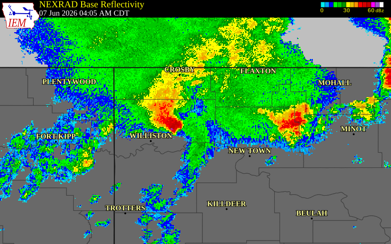 NEXRAD radar during the Sunday, June 7, 2026 storm activity in Williams County, North Dakota