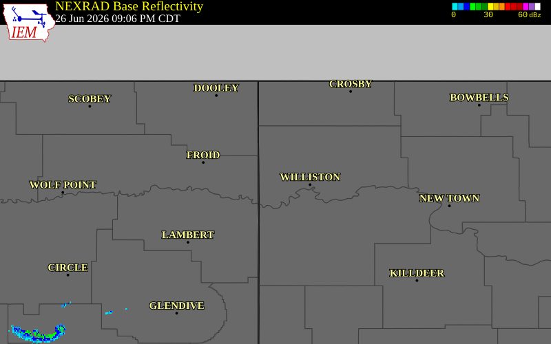 NEXRAD radar during the Friday, June 26, 2026 storm activity in Williams County, North Dakota