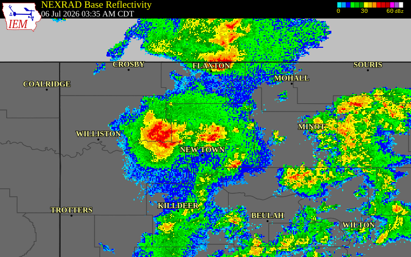 NEXRAD radar during the Monday, July 6, 2026 storm activity in Williams County, North Dakota