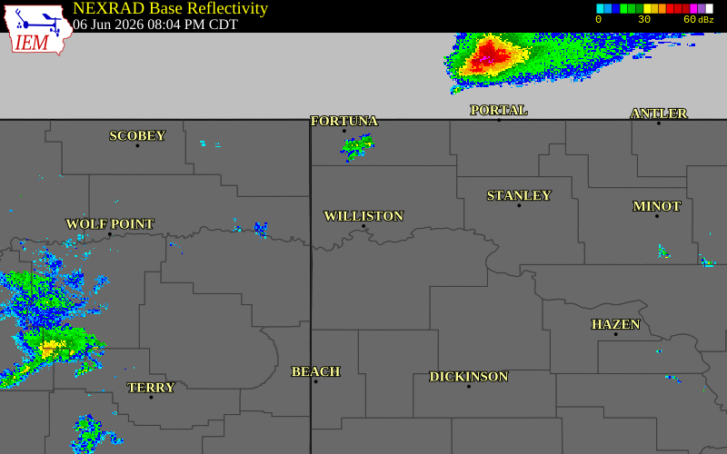 Radar snapshot during the Jun 6, 2026 hail event near Williston, Williams County, North Dakota, with NWS warning polygons