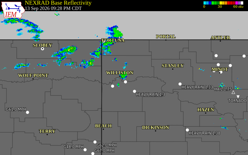 Current NEXRAD radar over Williams County, North Dakota with recent storm report locations