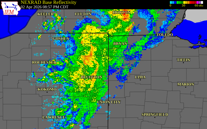 NEXRAD radar during the Thursday, April 2, 2026 storm activity in Adams County, Ohio