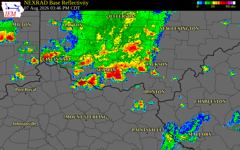NEXRAD radar during the Friday, August 7, 2026 storm activity in Adams County, Ohio