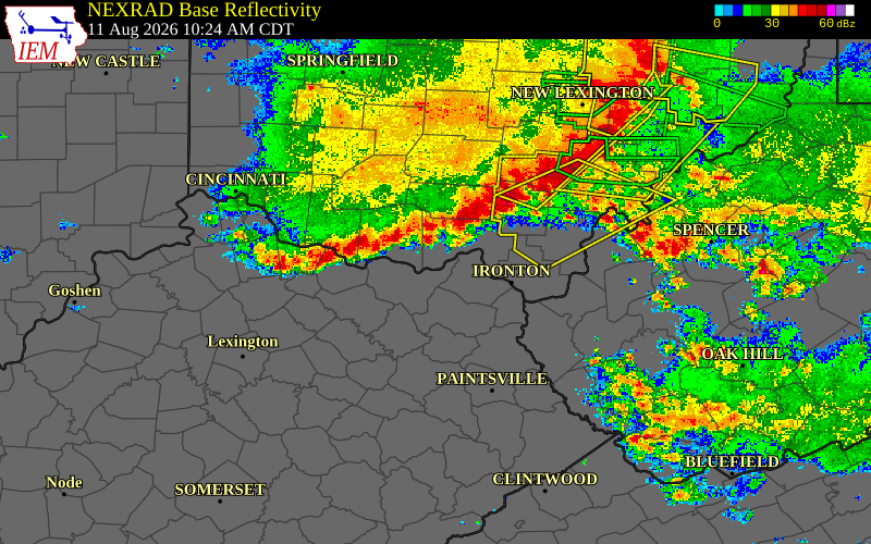 Radar snapshot during the Aug 11, 2026 wind event near Adams County, Adams County, Ohio, with NWS warning polygons