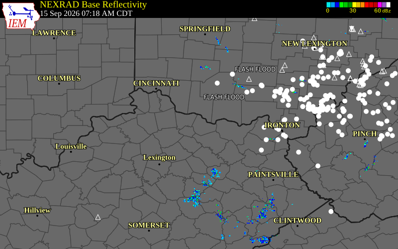 Current NEXRAD radar over Adams County, Ohio with recent storm report locations