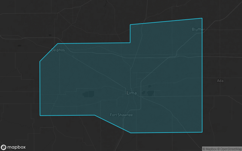 Map of Allen County, Ohio showing the county boundary and surrounding cities