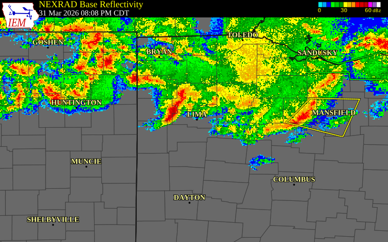 NEXRAD radar during the Tuesday, March 31, 2026 storm activity in Allen County, Ohio