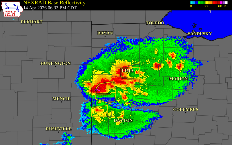NEXRAD radar during the Tuesday, April 14, 2026 storm activity in Allen County, Ohio