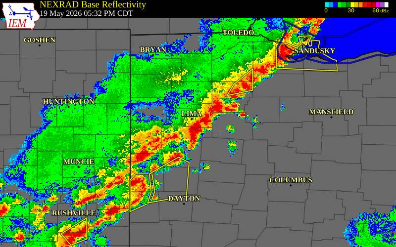 NEXRAD radar during the Tuesday, May 19, 2026 storm activity in Allen County, Ohio