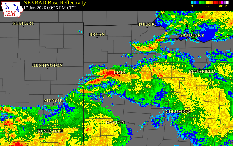 NEXRAD radar during the Wednesday, June 17, 2026 storm activity in Allen County, Ohio