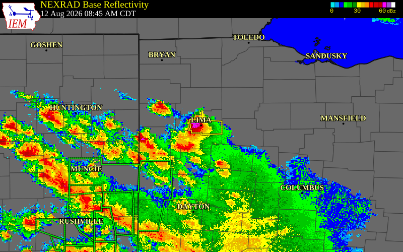 NEXRAD radar during the Wednesday, August 12, 2026 storm activity in Allen County, Ohio
