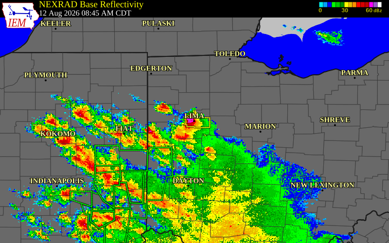 Radar snapshot during the Aug 12, 2026 hail event near Lima, Allen County, Ohio, with NWS warning polygons