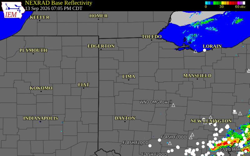 Current NEXRAD radar over Allen County, Ohio with recent storm report locations