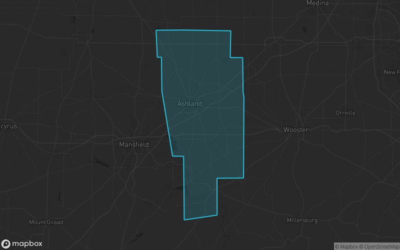 Map of Ashland County, Ohio showing the county boundary and surrounding cities