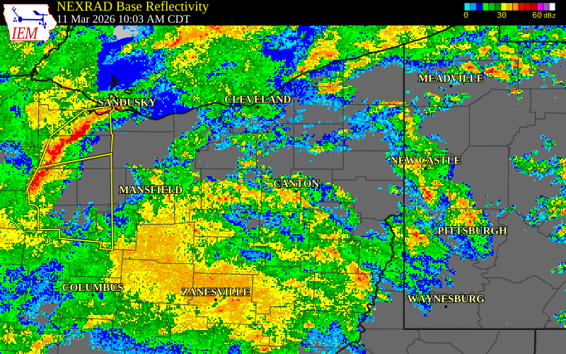 NEXRAD radar during the Wednesday, March 11, 2026 storm activity in Ashland County, Ohio
