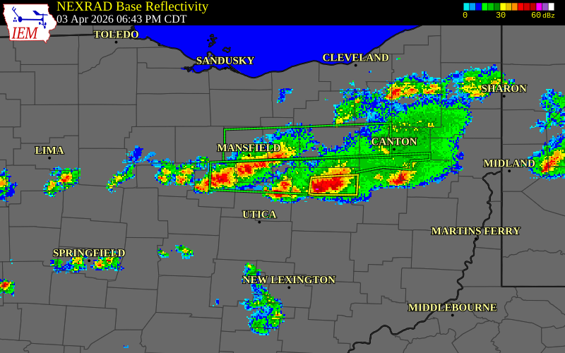 NEXRAD radar during the Friday, April 3, 2026 storm activity in Ashland County, Ohio