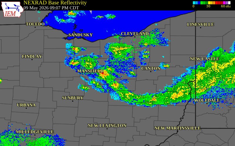NEXRAD radar during the Saturday, May 9, 2026 storm activity in Ashland County, Ohio