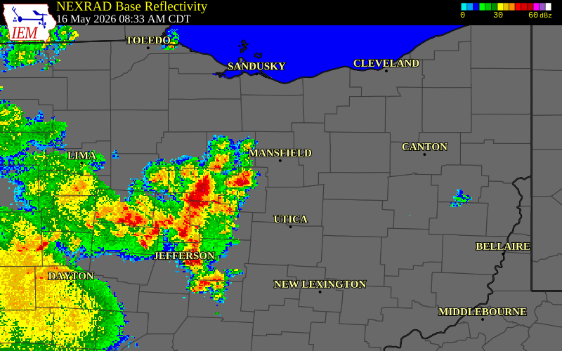 NEXRAD radar during the Saturday, May 16, 2026 storm activity in Ashland County, Ohio