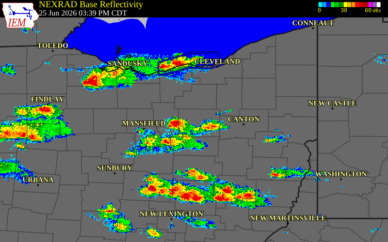 NEXRAD radar during the Thursday, June 25, 2026 storm activity in Ashland County, Ohio