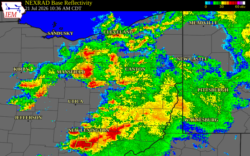 NEXRAD radar during the Tuesday, July 21, 2026 storm activity in Ashland County, Ohio